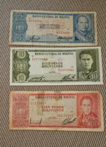 Lote 3 Notas Cédulas Antigas Pesos Bolivianos 1962