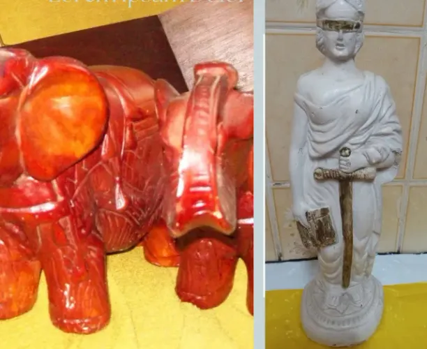 Esculturas Antiga Thémis -Justiça e Elefantes em Gesso Cru p reformar, pintura gasta!