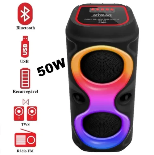 Caixa Som Bluetooth Rgb Multimídia Fm Usb Tws 50w 1500mah Preto
