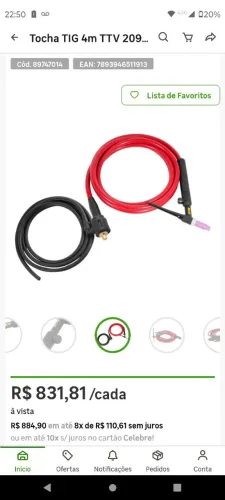 Tocha TIG 4m TTV 209 com adaptador 9mm Vonder