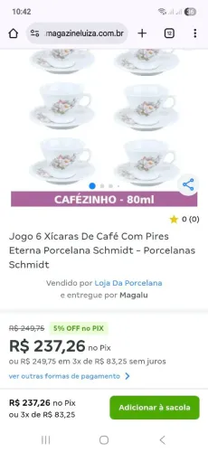 Jogo 6 Xícaras de Café com Pires de Porcelana Schmidt