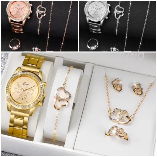 Kit relógio, brinco, anel, corrente, pulseira