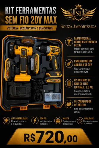 Kit de ferramentas INGCO com mini esmerilhadeira, parafusadeira com impacto.