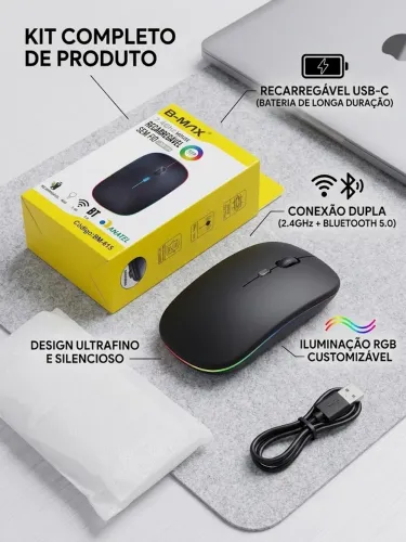 Mouse Sem Fio B-Max BM-615 - Bateria Recarregável e Bluetooth