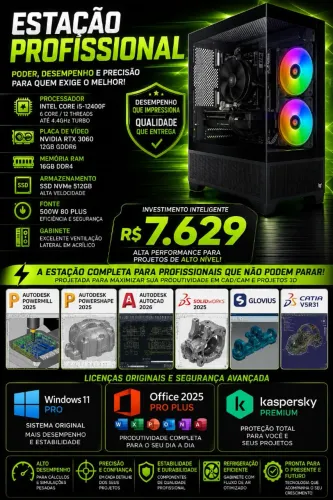 PC Profissional para CAD/CAM e Projetos 3D | i5 12400F + RTX 3060 12GB