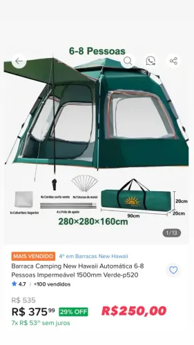Barraca Camping New Hawaii Automática 6-8 Pessoas Impermeável 1500mm Verde-p520