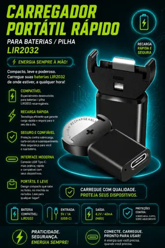 Carregador Portátil Rápido de Baterias Pilha LIR2032 (NOVO/LACRADO!)