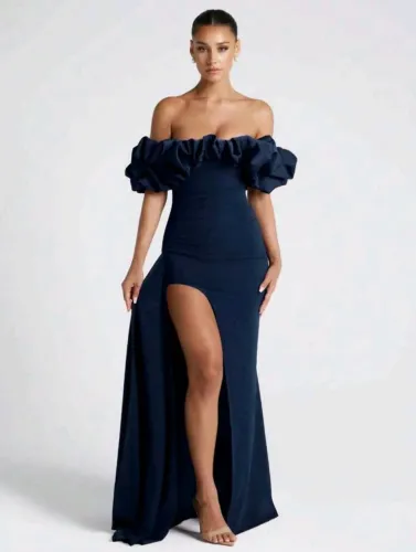 Vestido Longo Azul-Marinho Ombro a Ombro com Fenda