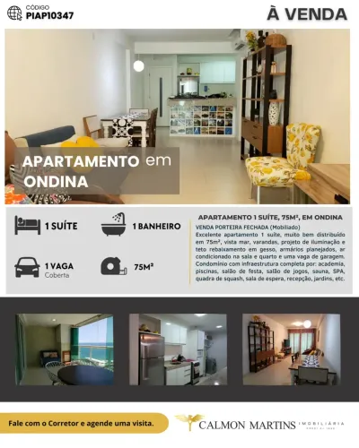 APARTAMENTO 1 SUÍTE, 75M², EM ONDINA