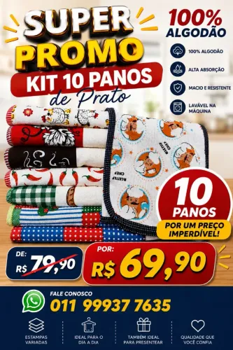 PANO DE PRATO KIT COM 10 UNIDADES