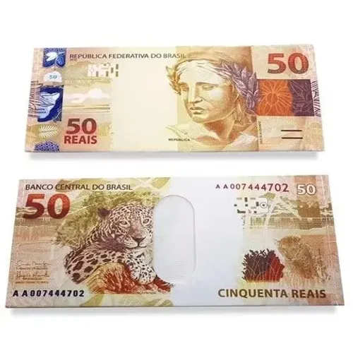 Carteira Bolsa tipo Couro Sintético Com Estampa de Nota de Dinheiro nota de R$50,00 reais
