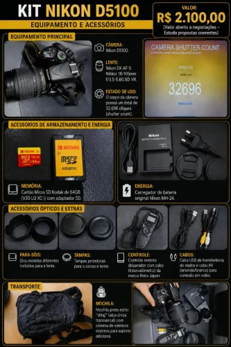 ? Nikon D5100 Completa - Kit Pronto para fotografar