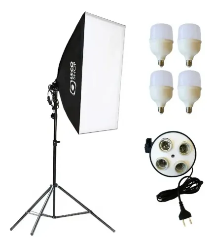 Kit Softbox Quadruplo 50 X 70 + Tripé 2m + 4 Lampadas Led