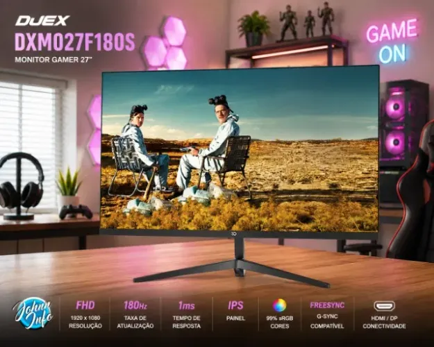 Monitor Gamer Duex 27, FHD, 1ms, 180Hz, IPS, 99% SRGB, Freesync/G-Sync, HDMI/DP