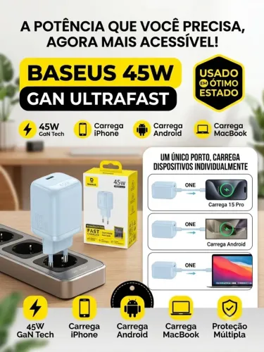 Carregador Turbo Baseus 45W GaN USB-C - Ultra Rápido (iPhone, Android e MacBook)