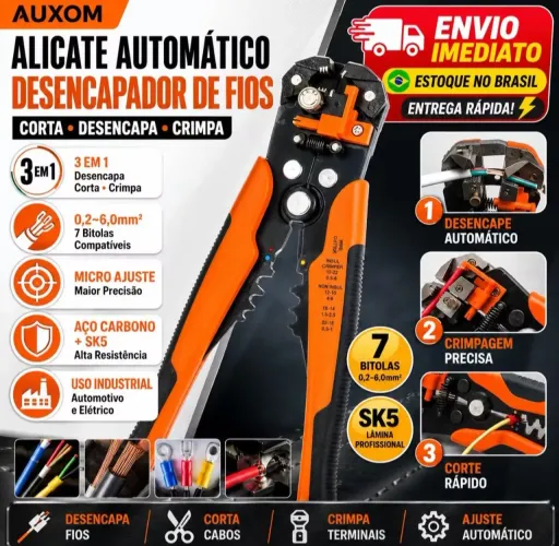 Alicate Decapador e Crimpador Para Fios 0.2 a 6mm² - PRO 5 em 1, Eletricista e Oficina
