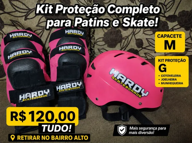 Capacete + Kit Proteção Completo P/ Patins, Skate