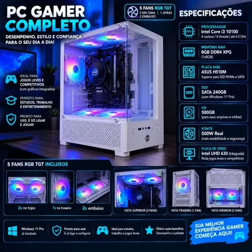 ? PC COMPLETO TGT LEGION WHITE RGB - i3 10ª GERAÇÃO