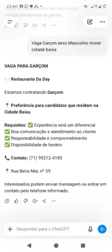 Vaga Garçon Somente Sexo Masculino