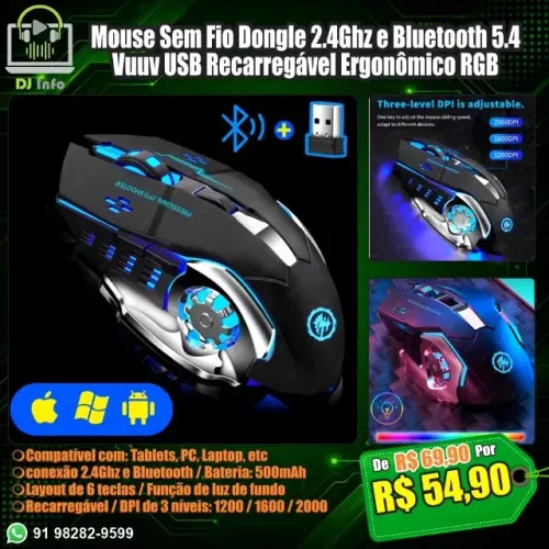 Mouse Sem Fio Dongle 2.4Ghz e Bluetooth 5.4 Vuuv USB Recarregável RGB