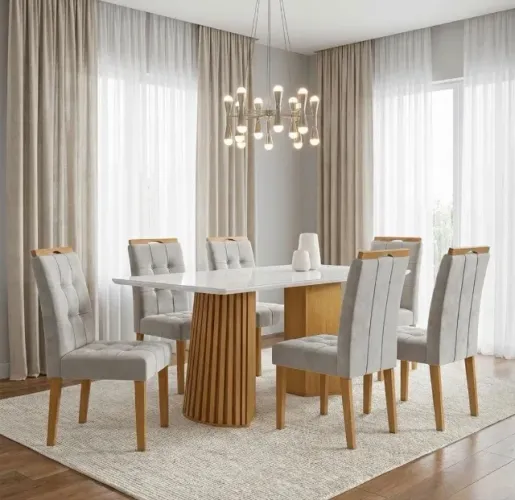 Conjunto Sala de Jantar Novara 1,70 m com 6 Cadeiras Veludo Bege