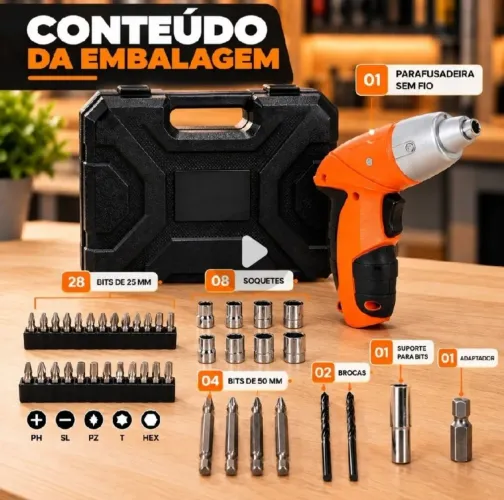 Parafusadeira Furadeira Sem Fio 47 peças+Maleta