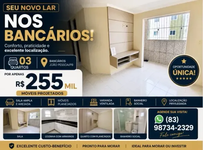 OPORTUNIDADE RARA NOS BANCÁRIOS! 3 QUARTOS POR APENAS R$ 255 MIL!