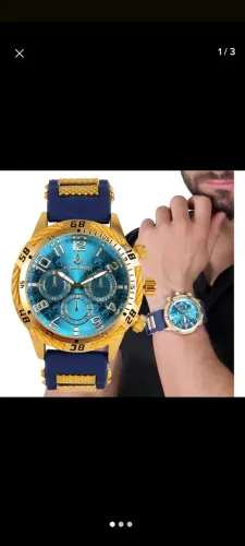 Relógio Masculino Premium Dourado Fundo Azul - Estilo Importado