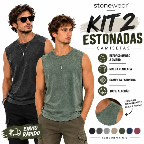 kIt 2 Camisetas Novas Machão Estonadas (lavada A Pedra) Sem Manga e Gola Corte à Fio Cores