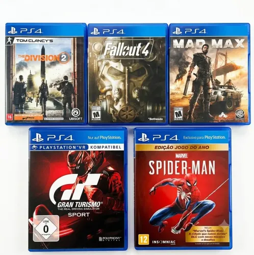 Kit5 Jogos PS4 Originais-Spider-Man GOTY+Fallout4+GT Sport+Mad Max+The Division2