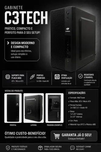 Gabinete C3Tech Preto - Moderno e em Ótimo Estado