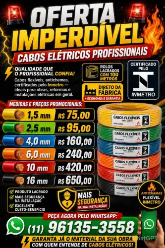 Cabos elétricos flexível antichamas certificado pelo Inmetro rolos 100mts 