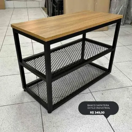 Banco Sapateira Estilo Industrial em Ferro e Madeira 