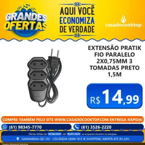 EXTENSÃO PRATIK FIO PARALELO 2X0,75MM - 3 TOMADAS PRETO 1,5M