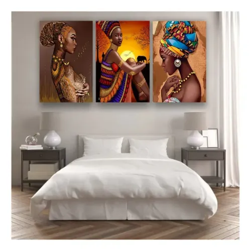 Trio de Quadros Africanas Decorativo 