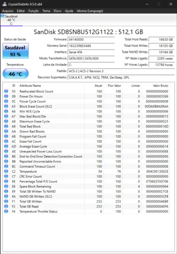 SSD M2 SATA de 512GB NAO É Nvme Com Windows. Sandisk X400 2280 Sd8sn8u-512g-1006
