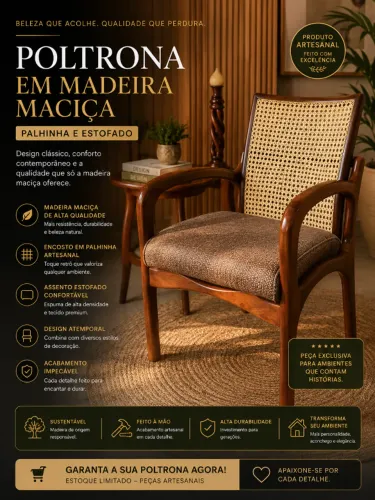 Poltrona em Madeira Maciça - Palhinha e Estofado