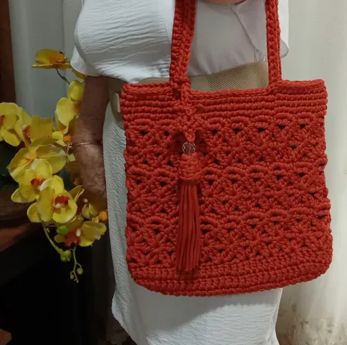 Bolsa de crochê luxo em fio náutico ponto estrela