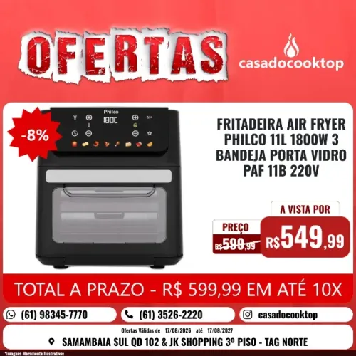 FRITADEIRA AIR FRYER PHILCO 11L 1800W 3 BANDEJA PORTA VIDRO PAF11B 220V 053802094