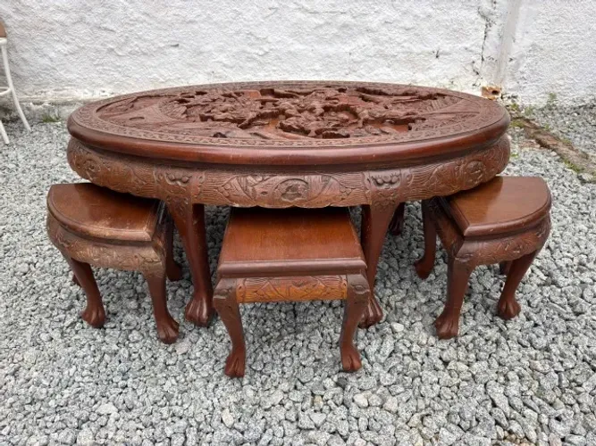 Mesa de chá chinesa com 6 lugares esculpida em madeira