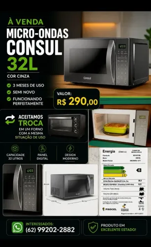 Micro-ondas Consul 32 litros, na cor cinza, em excelente estado de conservação 127 V.