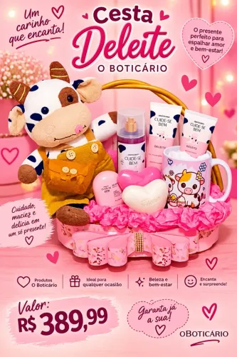 Cestas. Linda Cesta Deleite o Boticário com Pelúcia Vaquinha e itens personalizados
