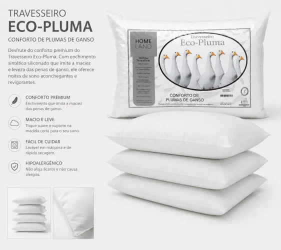 Kit 2 Travesseiros Pluma de Ganso Sintética 70x50cm Macio Confortável Luxo Cama