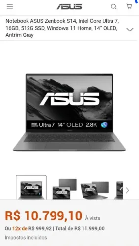 Zenbook S14 (2026) Oled Core Ultra 7 355 16gb/512gb (lacrado/nf/garantia) 