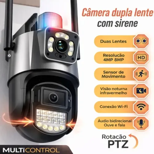 Câmera Lente Dupla c/ Sirene Policial, detector de movimento, visão noturna FHD 1080p