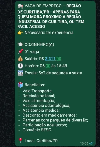 Vaga de Cozinheiro Industrial no CIC - Curitiba
