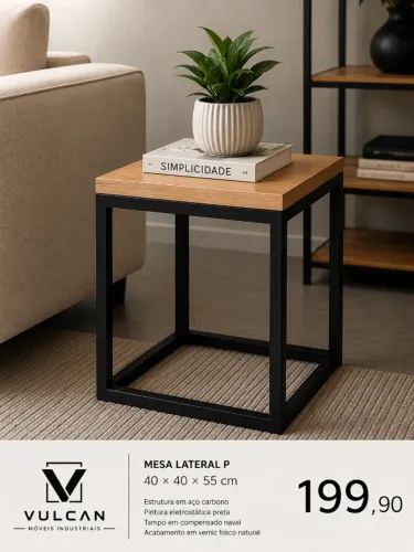 Mesa Lateral P 40 × 40 × 55 cm com estrutura em aço carbono 20 × 20 mm e tampo em compensa
