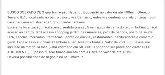 BUSCO PERMUTA POR SOBRADO DE MAIOR VALOR
