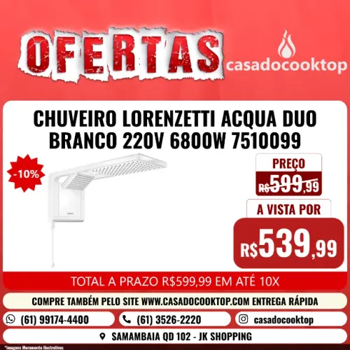 CHUVEIRO LORENZETTI ACQUA DUO BRANCO 220V 6800W 7510099