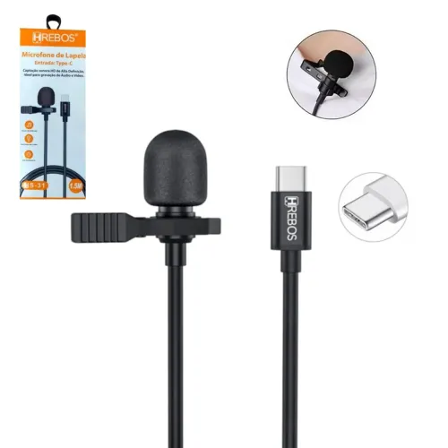 Microfone de Lapela Para Celular Tipo C Com Fio, 1.5 Metros - Hrebos 